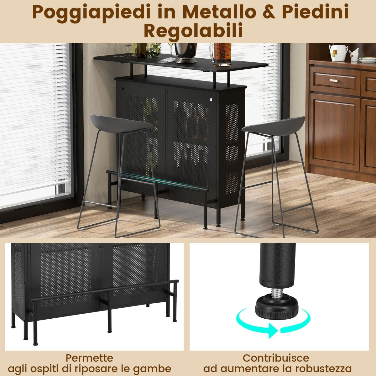 Mobile Bar a 4 Livelli Con 2 Ripiani per Vino E Porta Calici Poggiapiedi in Metallo, Tavolo Da Bar Industriale Nero