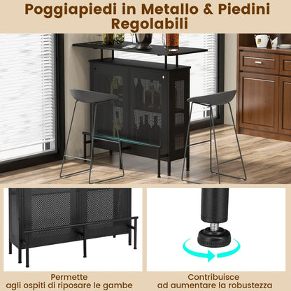 Mobile Bar a 4 Livelli Con 2 Ripiani per Vino E Porta Calici Poggiapiedi in Metallo, Tavolo Da Bar Industriale Nero