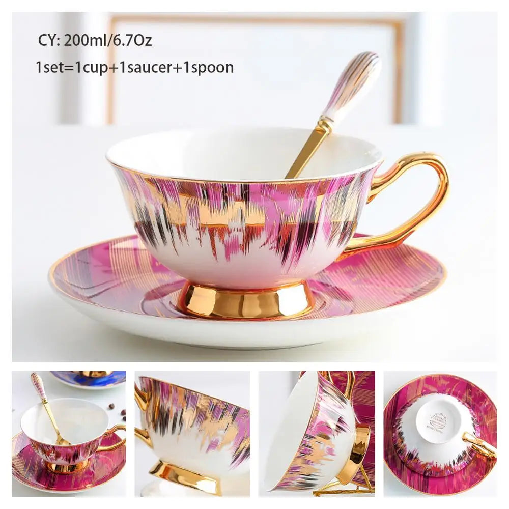 Europe Bone China Coffee Cup Saucer Spoon Set 200Ml Luxury Ceramic Mug Top-Grade Porcelain Tea Cup Cafe Teaware Party Drinkware