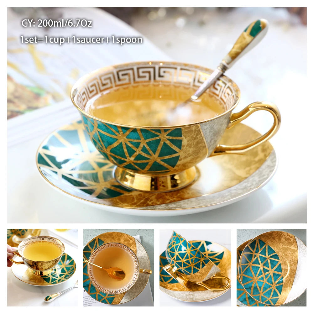 Europe Bone China Coffee Cup Saucer Spoon Set 200Ml Luxury Ceramic Mug Top-Grade Porcelain Tea Cup Cafe Teaware Party Drinkware