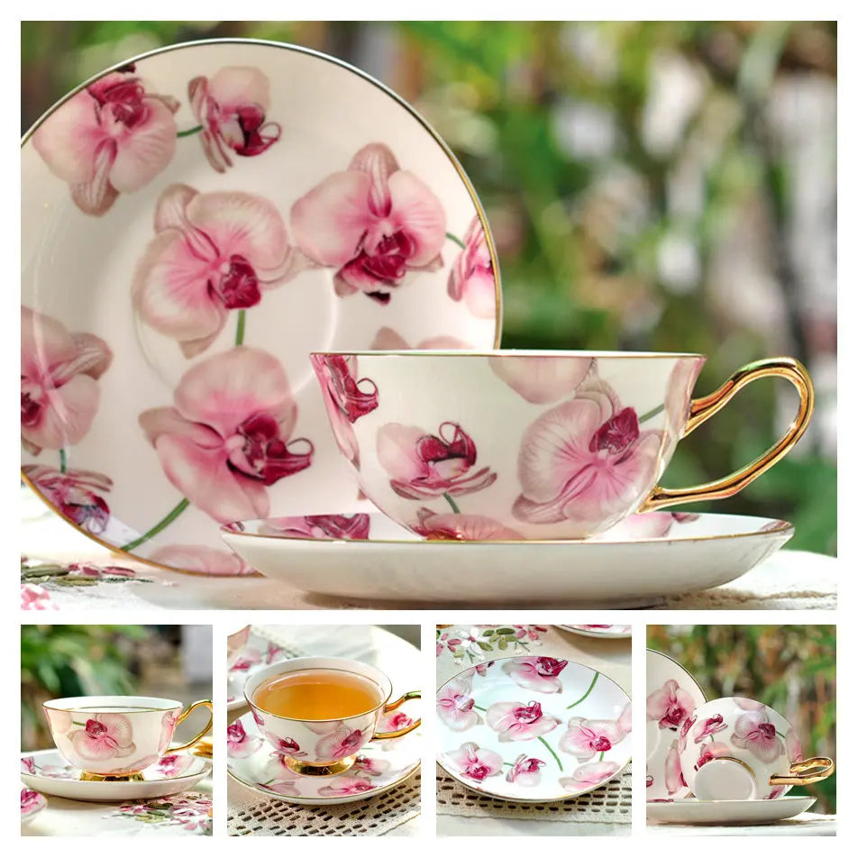 Europe Bone China Coffee Cup Saucer Spoon Set 200Ml Luxury Ceramic Mug Top-Grade Porcelain Tea Cup Cafe Teaware Party Drinkware