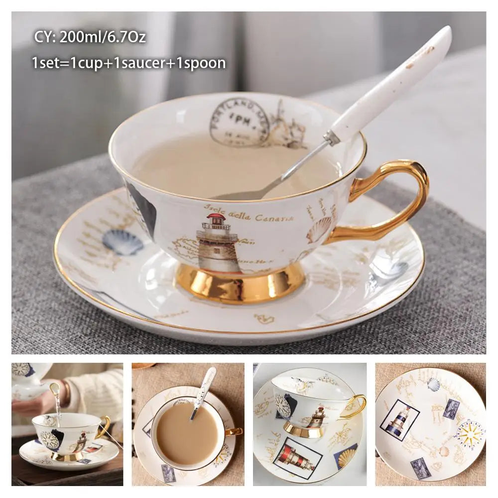 Europe Bone China Coffee Cup Saucer Spoon Set 200Ml Luxury Ceramic Mug Top-Grade Porcelain Tea Cup Cafe Teaware Party Drinkware