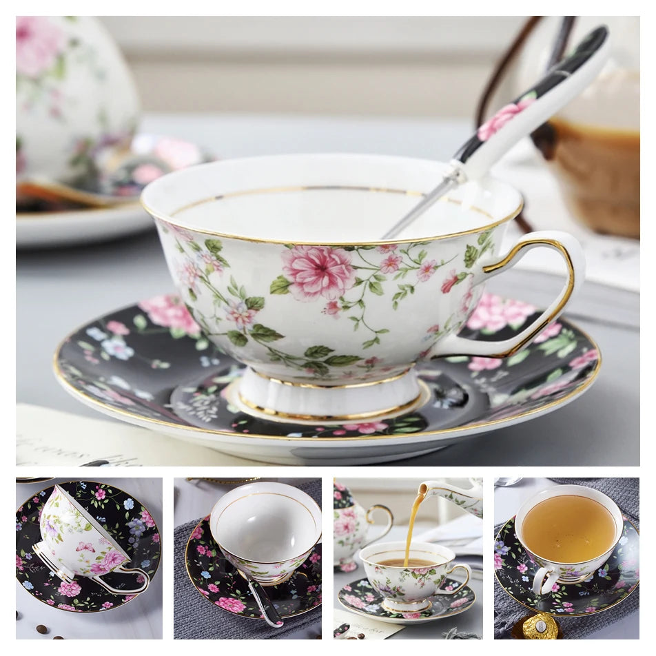 Europe Bone China Coffee Cup Saucer Spoon Set 200Ml Luxury Ceramic Mug Top-Grade Porcelain Tea Cup Cafe Teaware Party Drinkware