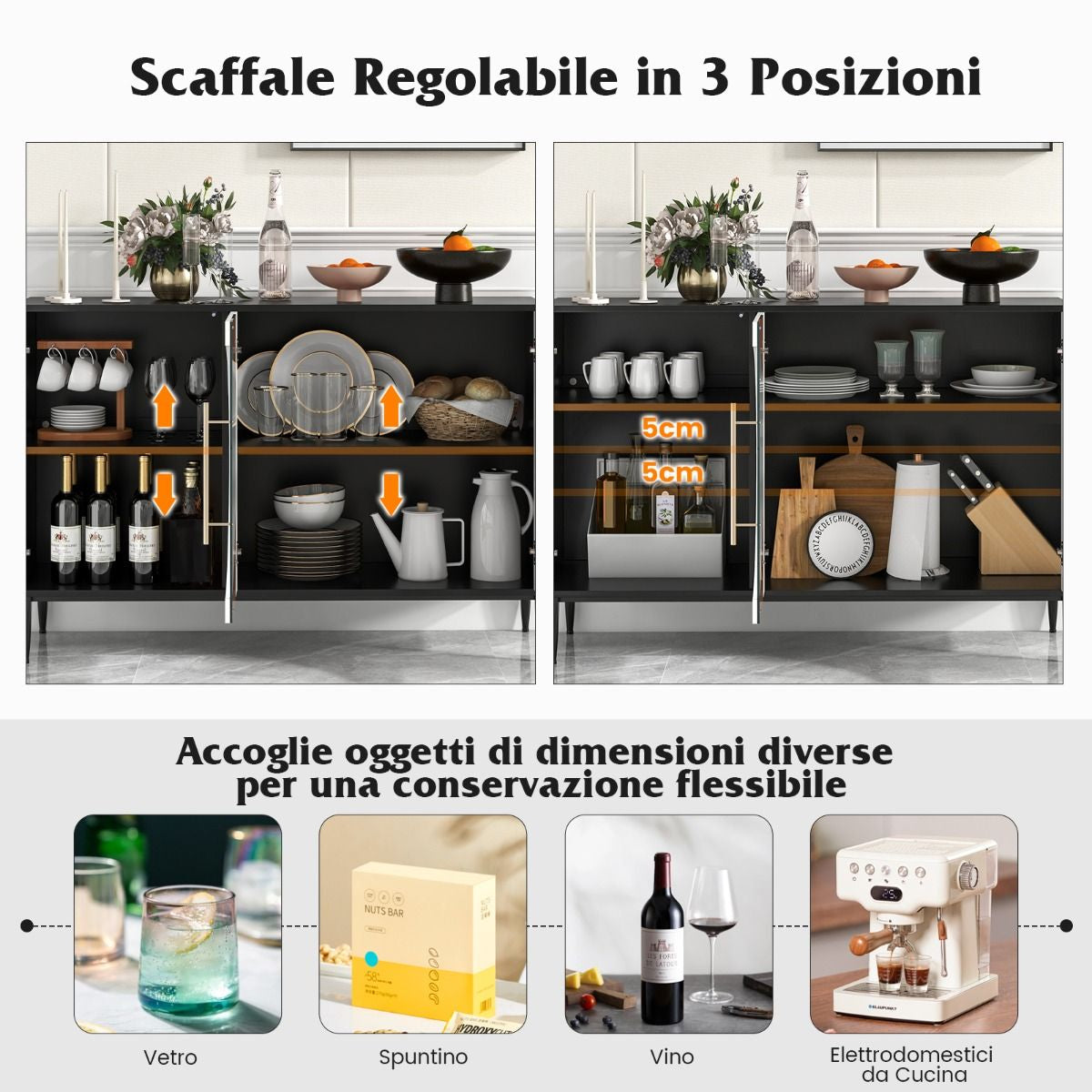 Mobile Credenza Con Anta in Vetro Temperato Gambe in Metallo, Credenza Da Cucina Moderna per Soggiorno Bianco