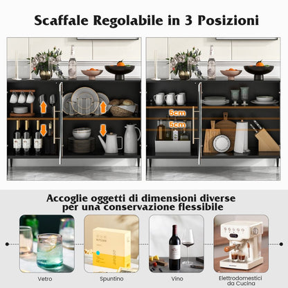 Mobile Credenza Con Anta in Vetro Temperato Gambe in Metallo, Credenza Da Cucina Moderna per Soggiorno Bianco