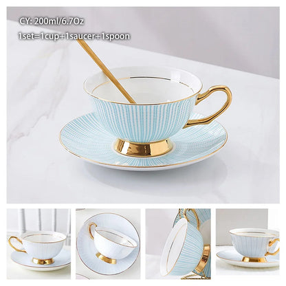 Europe Bone China Coffee Cup Saucer Spoon Set 200Ml Luxury Ceramic Mug Top-Grade Porcelain Tea Cup Cafe Teaware Party Drinkware