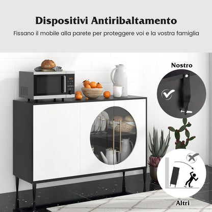 Mobile Credenza Con Anta in Vetro Temperato Gambe in Metallo, Credenza Da Cucina Moderna per Soggiorno Bianco
