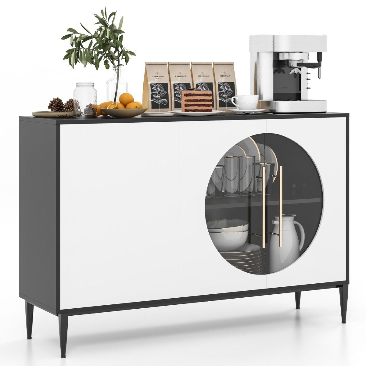 Mobile Credenza Con Anta in Vetro Temperato Gambe in Metallo, Credenza Da Cucina Moderna per Soggiorno Bianco