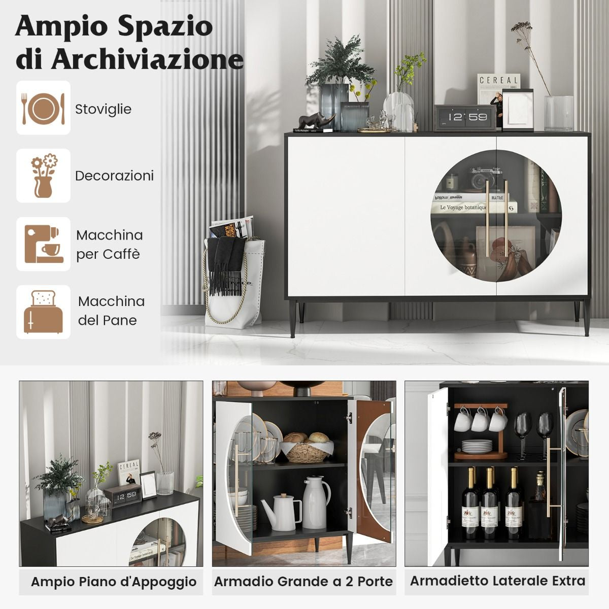 Mobile Credenza Con Anta in Vetro Temperato Gambe in Metallo, Credenza Da Cucina Moderna per Soggiorno Bianco