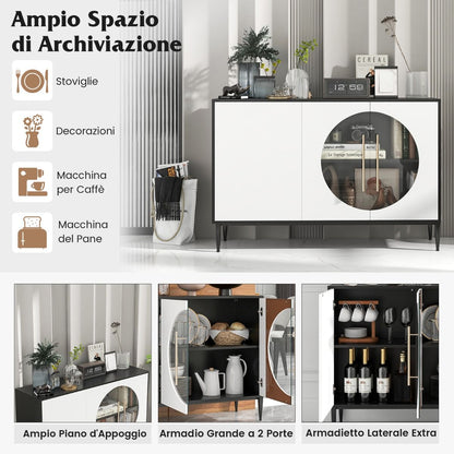 Mobile Credenza Con Anta in Vetro Temperato Gambe in Metallo, Credenza Da Cucina Moderna per Soggiorno Bianco