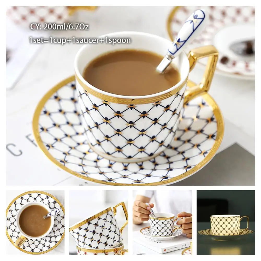 Europe Bone China Coffee Cup Saucer Spoon Set 200Ml Luxury Ceramic Mug Top-Grade Porcelain Tea Cup Cafe Teaware Party Drinkware