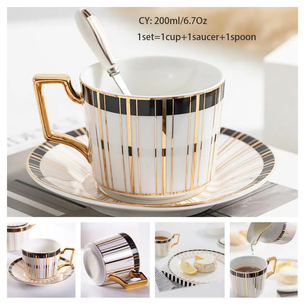 Europe Bone China Coffee Cup Saucer Spoon Set 200Ml Luxury Ceramic Mug Top-Grade Porcelain Tea Cup Cafe Teaware Party Drinkware