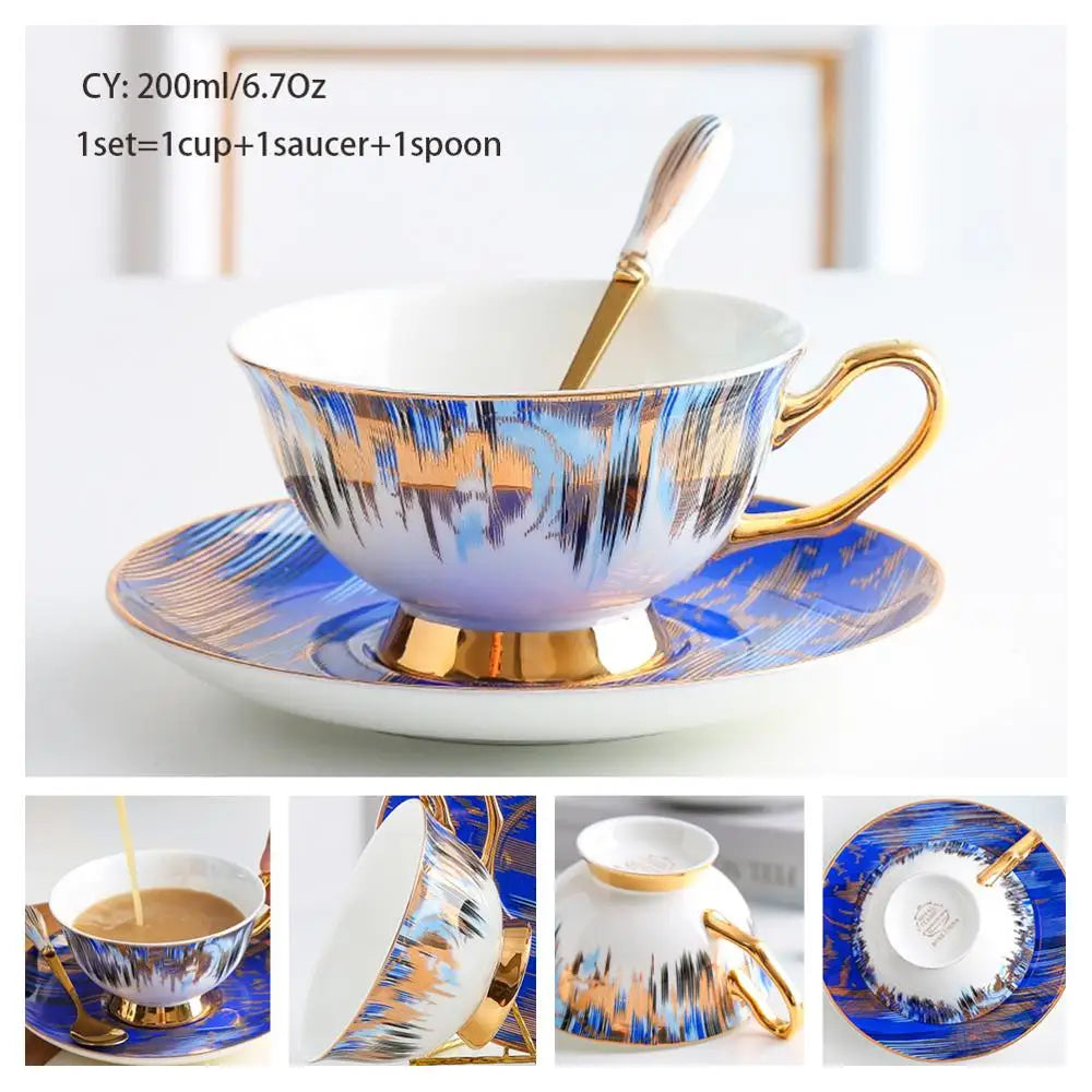 Europe Bone China Coffee Cup Saucer Spoon Set 200Ml Luxury Ceramic Mug Top-Grade Porcelain Tea Cup Cafe Teaware Party Drinkware