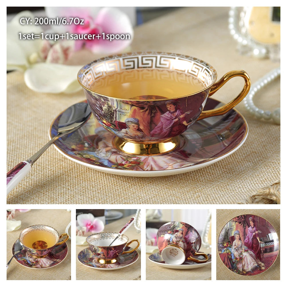 Europe Bone China Coffee Cup Saucer Spoon Set 200Ml Luxury Ceramic Mug Top-Grade Porcelain Tea Cup Cafe Teaware Party Drinkware