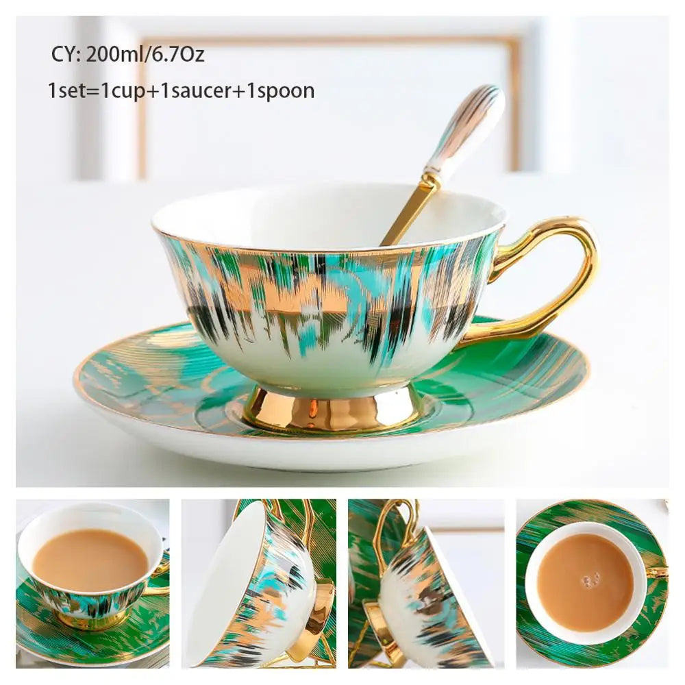 Europe Bone China Coffee Cup Saucer Spoon Set 200Ml Luxury Ceramic Mug Top-Grade Porcelain Tea Cup Cafe Teaware Party Drinkware