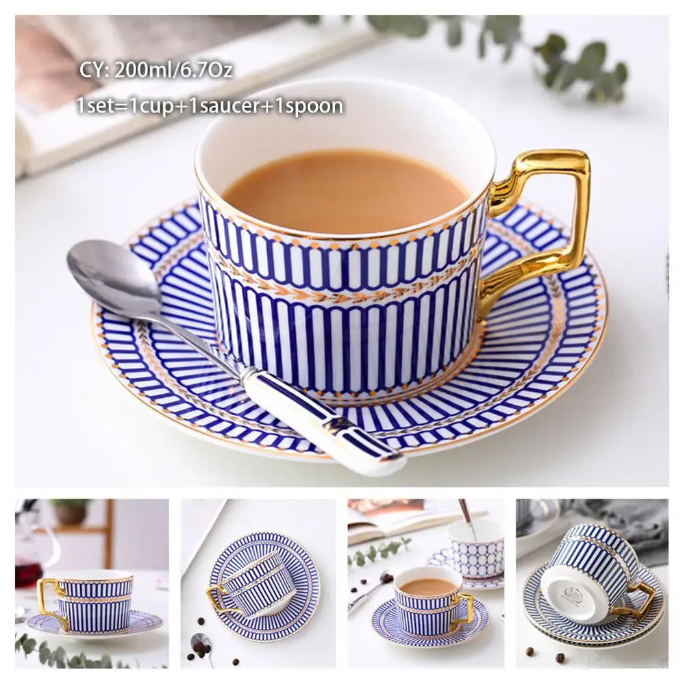 Europe Bone China Coffee Cup Saucer Spoon Set 200Ml Luxury Ceramic Mug Top-Grade Porcelain Tea Cup Cafe Teaware Party Drinkware