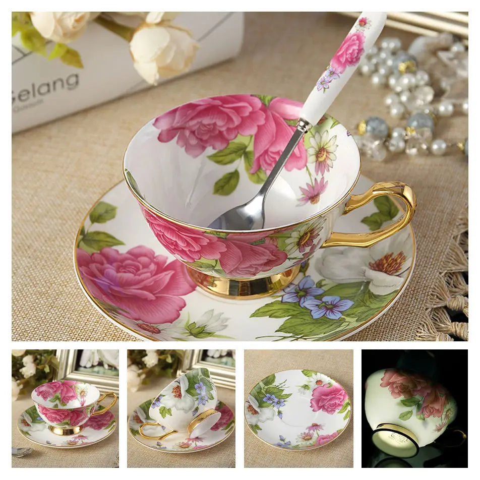 Europe Bone China Coffee Cup Saucer Spoon Set 200Ml Luxury Ceramic Mug Top-Grade Porcelain Tea Cup Cafe Teaware Party Drinkware