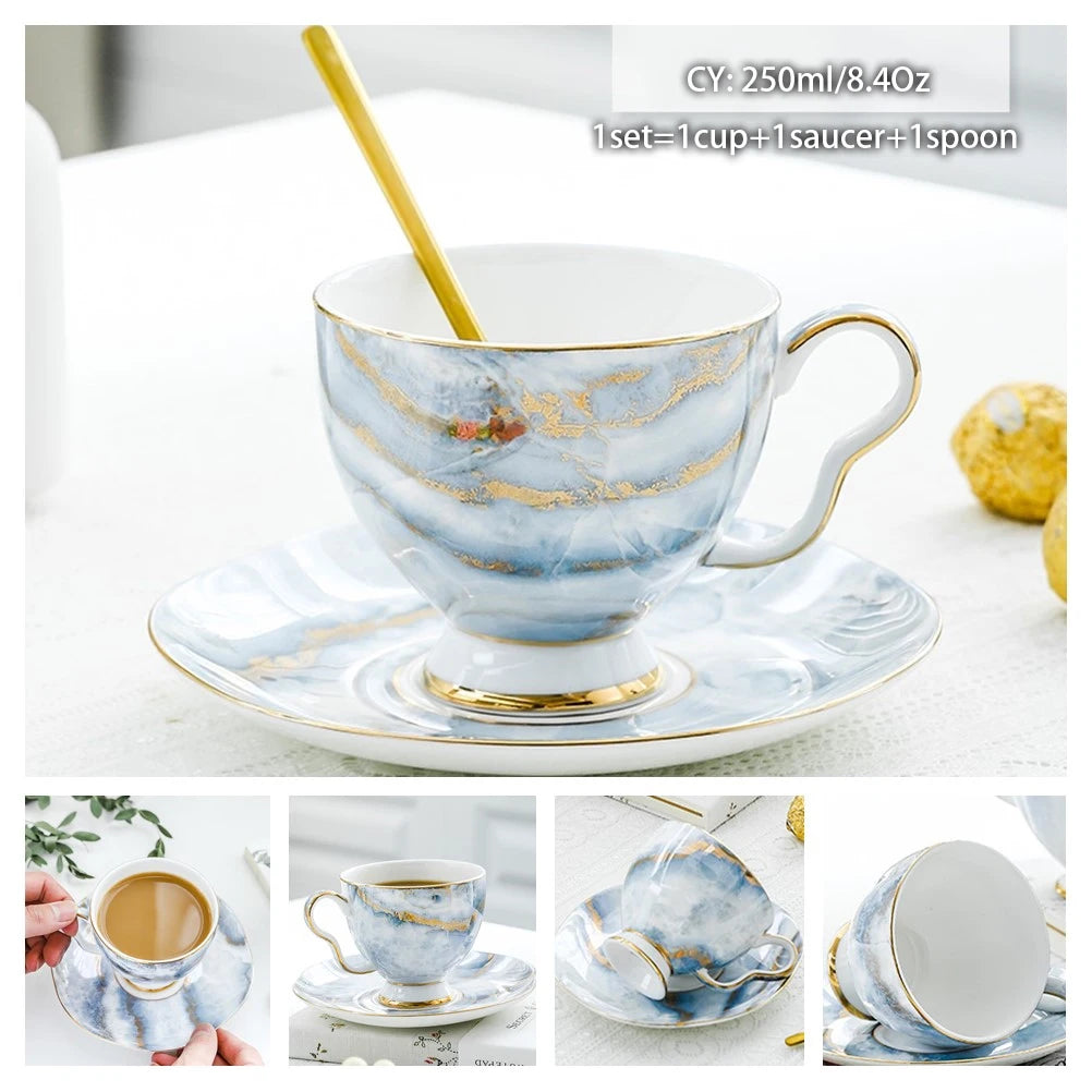 Europe Bone China Coffee Cup Saucer Spoon Set 200Ml Luxury Ceramic Mug Top-Grade Porcelain Tea Cup Cafe Teaware Party Drinkware