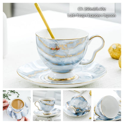 Europe Bone China Coffee Cup Saucer Spoon Set 200Ml Luxury Ceramic Mug Top-Grade Porcelain Tea Cup Cafe Teaware Party Drinkware