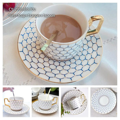 Europe Bone China Coffee Cup Saucer Spoon Set 200Ml Luxury Ceramic Mug Top-Grade Porcelain Tea Cup Cafe Teaware Party Drinkware