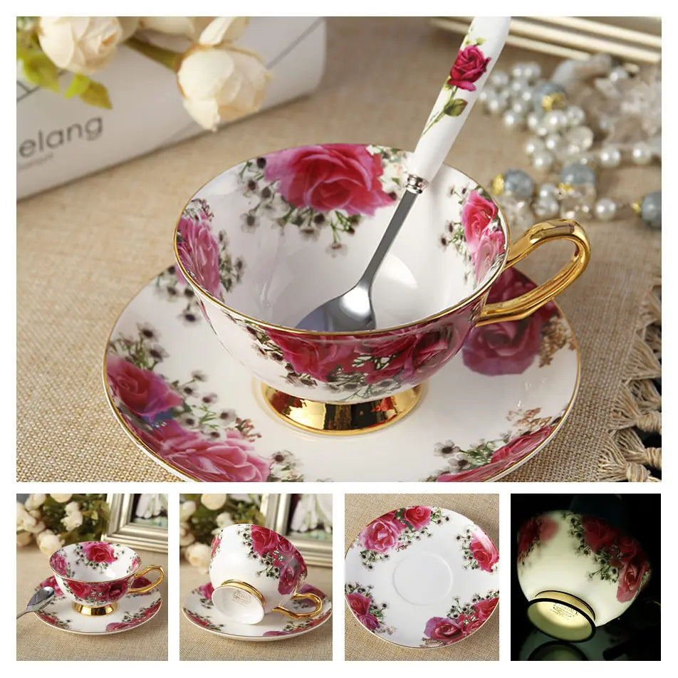 Europe Bone China Coffee Cup Saucer Spoon Set 200Ml Luxury Ceramic Mug Top-Grade Porcelain Tea Cup Cafe Teaware Party Drinkware