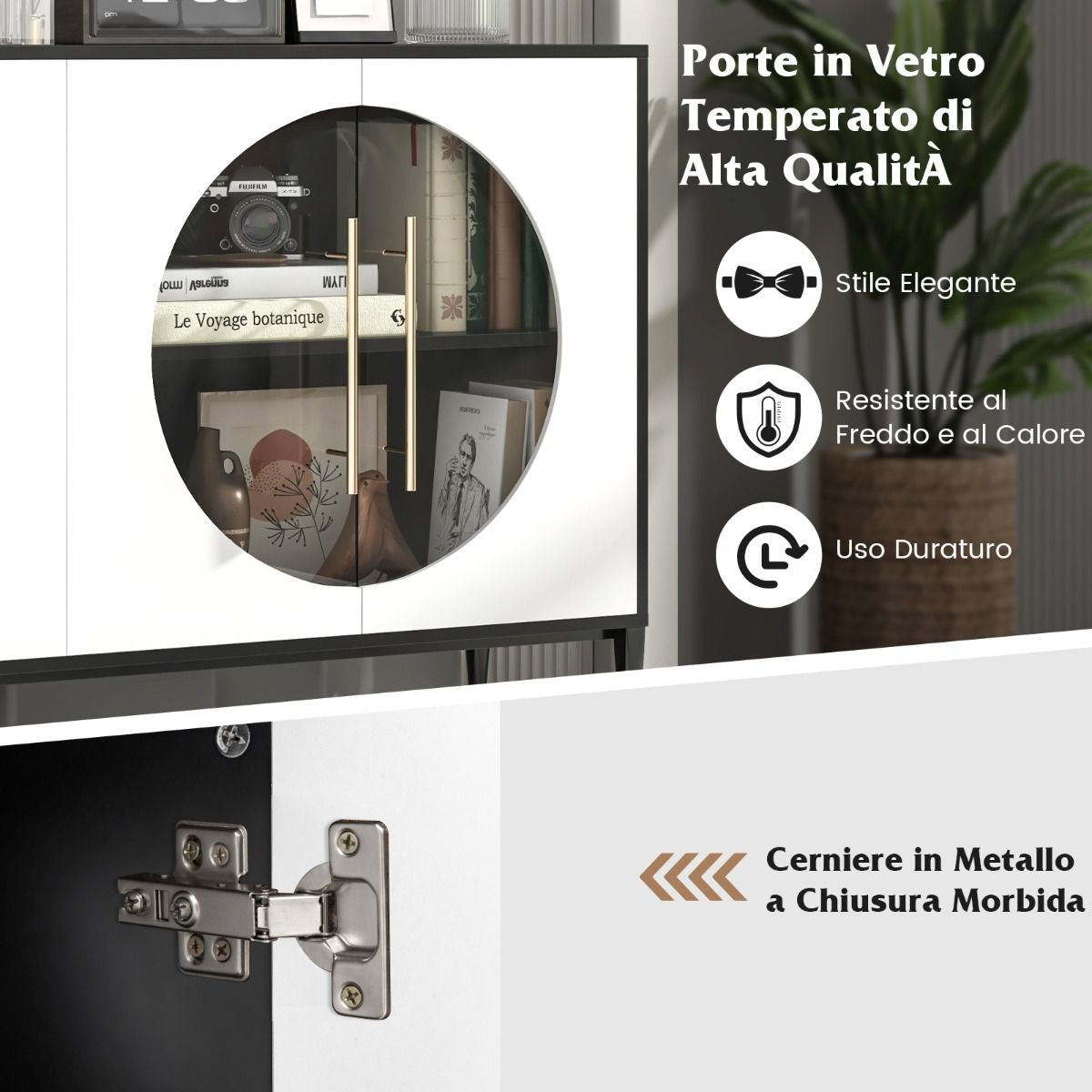 Mobile Credenza Con Anta in Vetro Temperato Gambe in Metallo, Credenza Da Cucina Moderna per Soggiorno Bianco