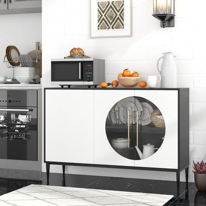 Mobile Credenza Con Anta in Vetro Temperato Gambe in Metallo, Credenza Da Cucina Moderna per Soggiorno Bianco