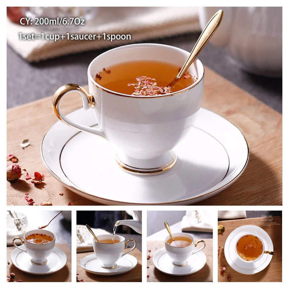 Europe Bone China Coffee Cup Saucer Spoon Set 200Ml Luxury Ceramic Mug Top-Grade Porcelain Tea Cup Cafe Teaware Party Drinkware