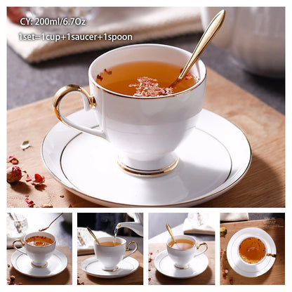 Europe Bone China Coffee Cup Saucer Spoon Set 200Ml Luxury Ceramic Mug Top-Grade Porcelain Tea Cup Cafe Teaware Party Drinkware