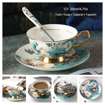 Europe Bone China Coffee Cup Saucer Spoon Set 200Ml Luxury Ceramic Mug Top-Grade Porcelain Tea Cup Cafe Teaware Party Drinkware
