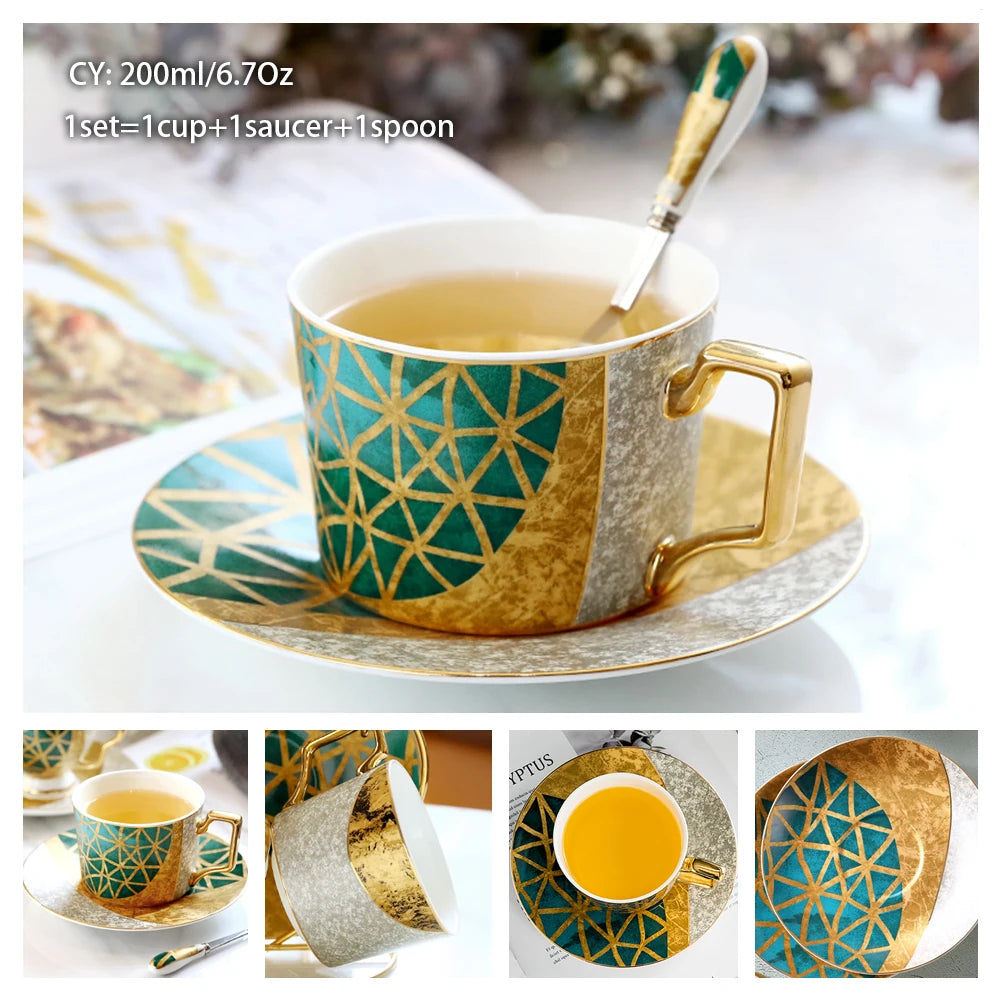 Europe Bone China Coffee Cup Saucer Spoon Set 200Ml Luxury Ceramic Mug Top-Grade Porcelain Tea Cup Cafe Teaware Party Drinkware
