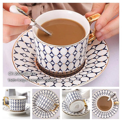 Europe Bone China Coffee Cup Saucer Spoon Set 200Ml Luxury Ceramic Mug Top-Grade Porcelain Tea Cup Cafe Teaware Party Drinkware