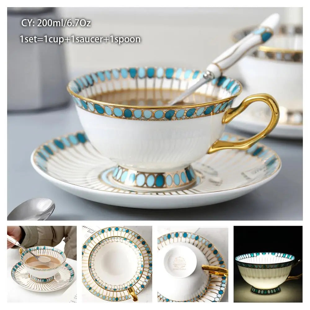 Europe Bone China Coffee Cup Saucer Spoon Set 200Ml Luxury Ceramic Mug Top-Grade Porcelain Tea Cup Cafe Teaware Party Drinkware