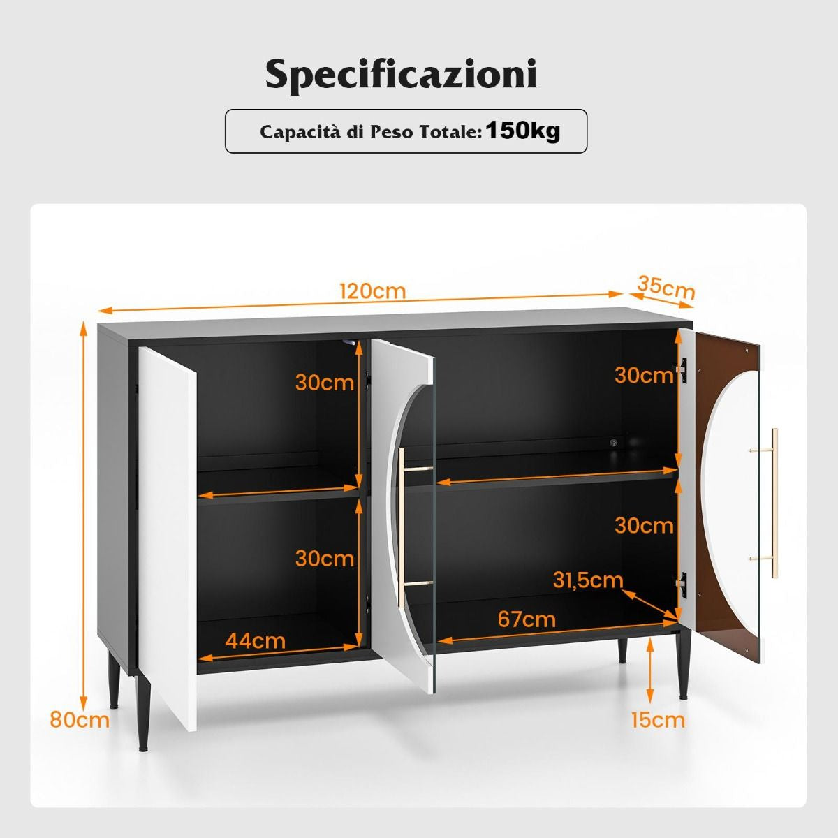 Mobile Credenza Con Anta in Vetro Temperato Gambe in Metallo, Credenza Da Cucina Moderna per Soggiorno Bianco