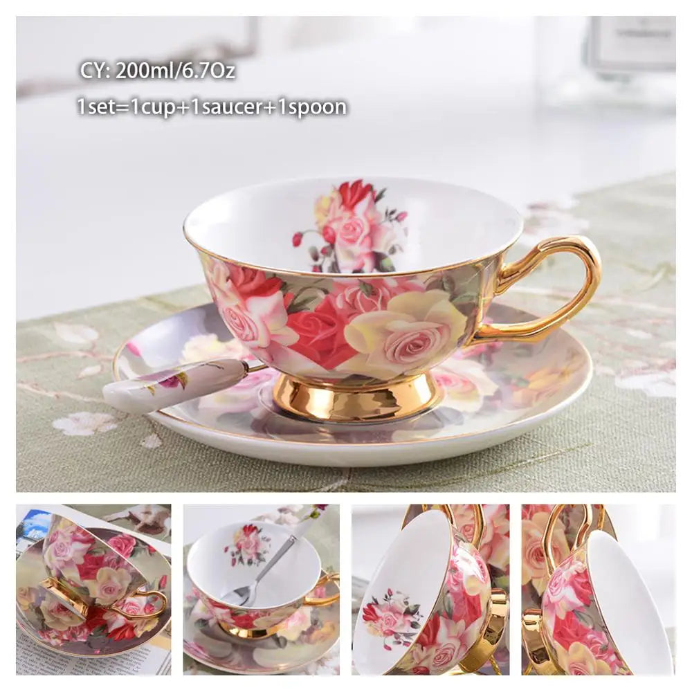 Europe Bone China Coffee Cup Saucer Spoon Set 200Ml Luxury Ceramic Mug Top-Grade Porcelain Tea Cup Cafe Teaware Party Drinkware