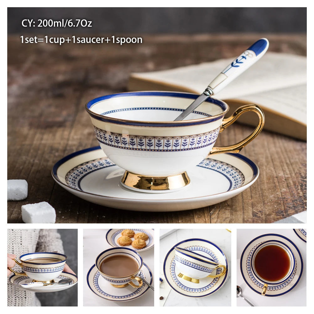 Europe Bone China Coffee Cup Saucer Spoon Set 200Ml Luxury Ceramic Mug Top-Grade Porcelain Tea Cup Cafe Teaware Party Drinkware