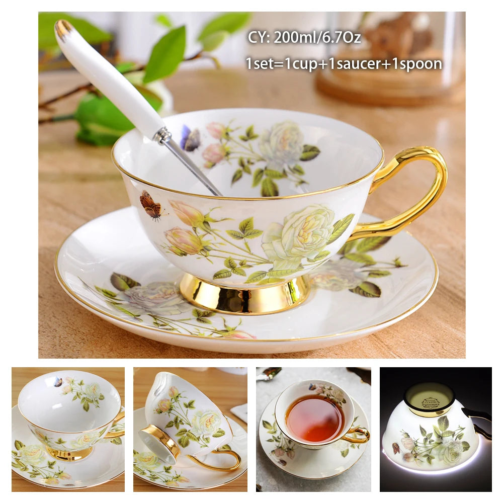 Europe Bone China Coffee Cup Saucer Spoon Set 200Ml Luxury Ceramic Mug Top-Grade Porcelain Tea Cup Cafe Teaware Party Drinkware