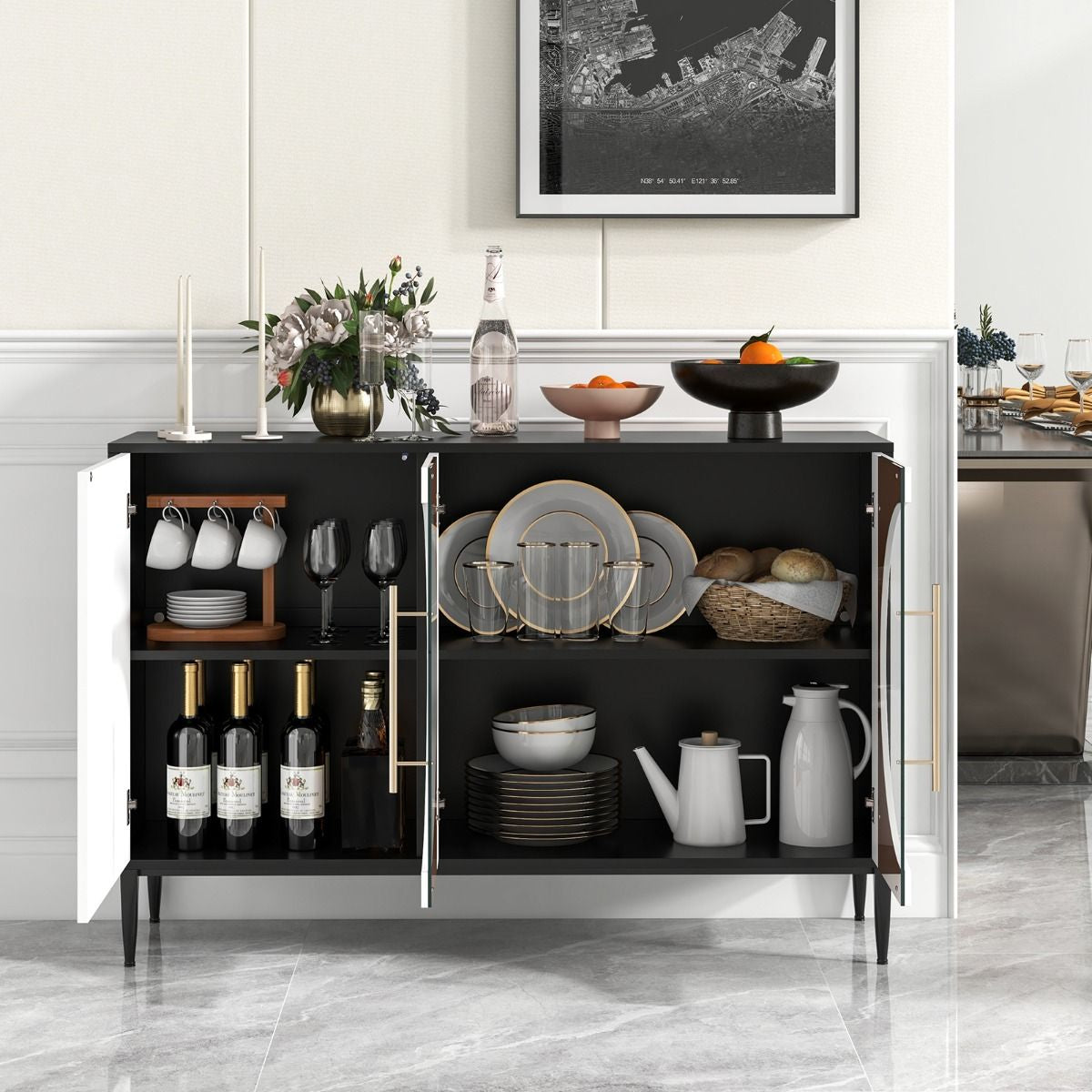 Mobile Credenza Con Anta in Vetro Temperato Gambe in Metallo, Credenza Da Cucina Moderna per Soggiorno Bianco
