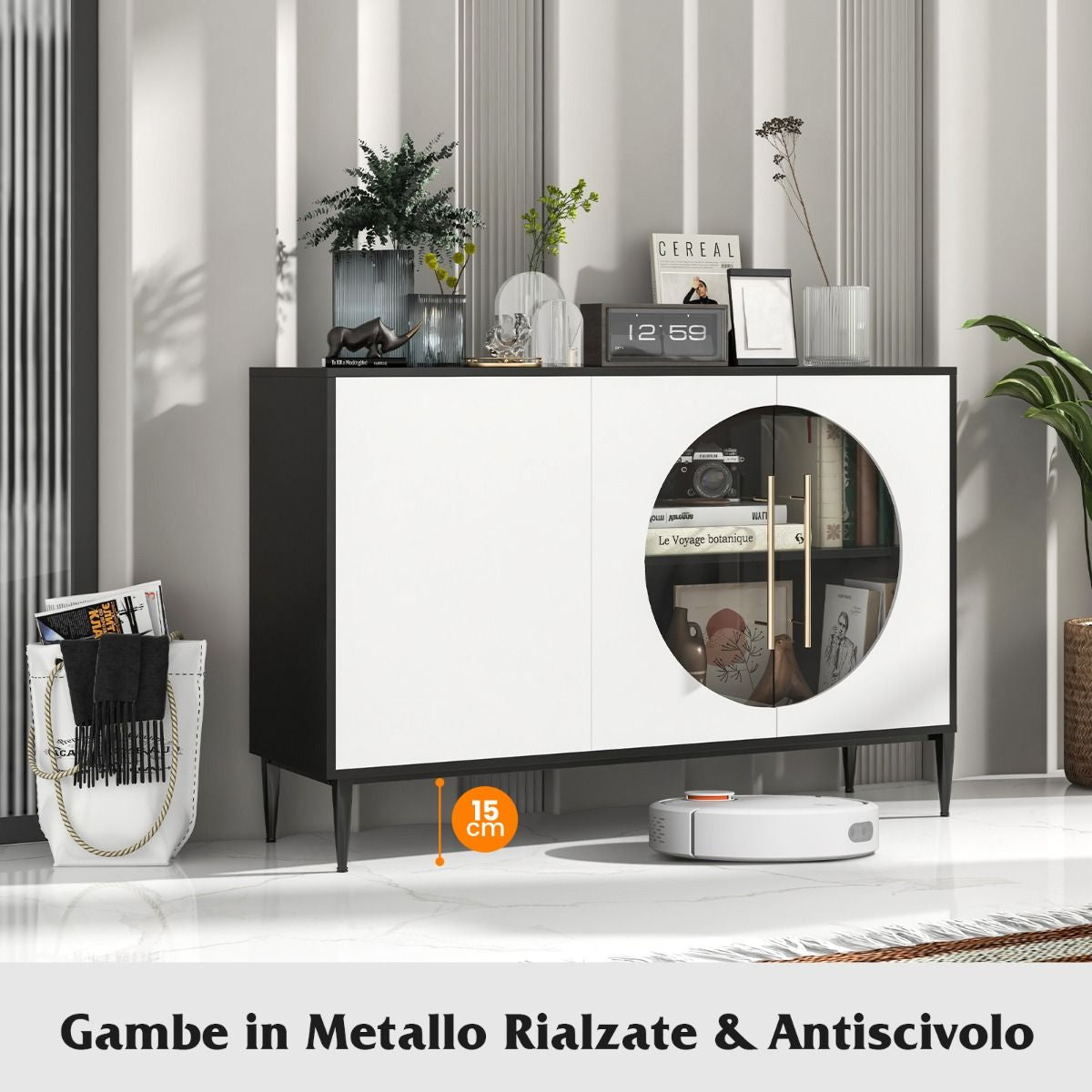 Mobile Credenza Con Anta in Vetro Temperato Gambe in Metallo, Credenza Da Cucina Moderna per Soggiorno Bianco
