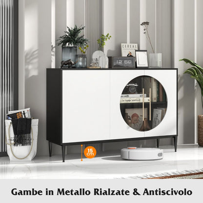 Mobile Credenza Con Anta in Vetro Temperato Gambe in Metallo, Credenza Da Cucina Moderna per Soggiorno Bianco