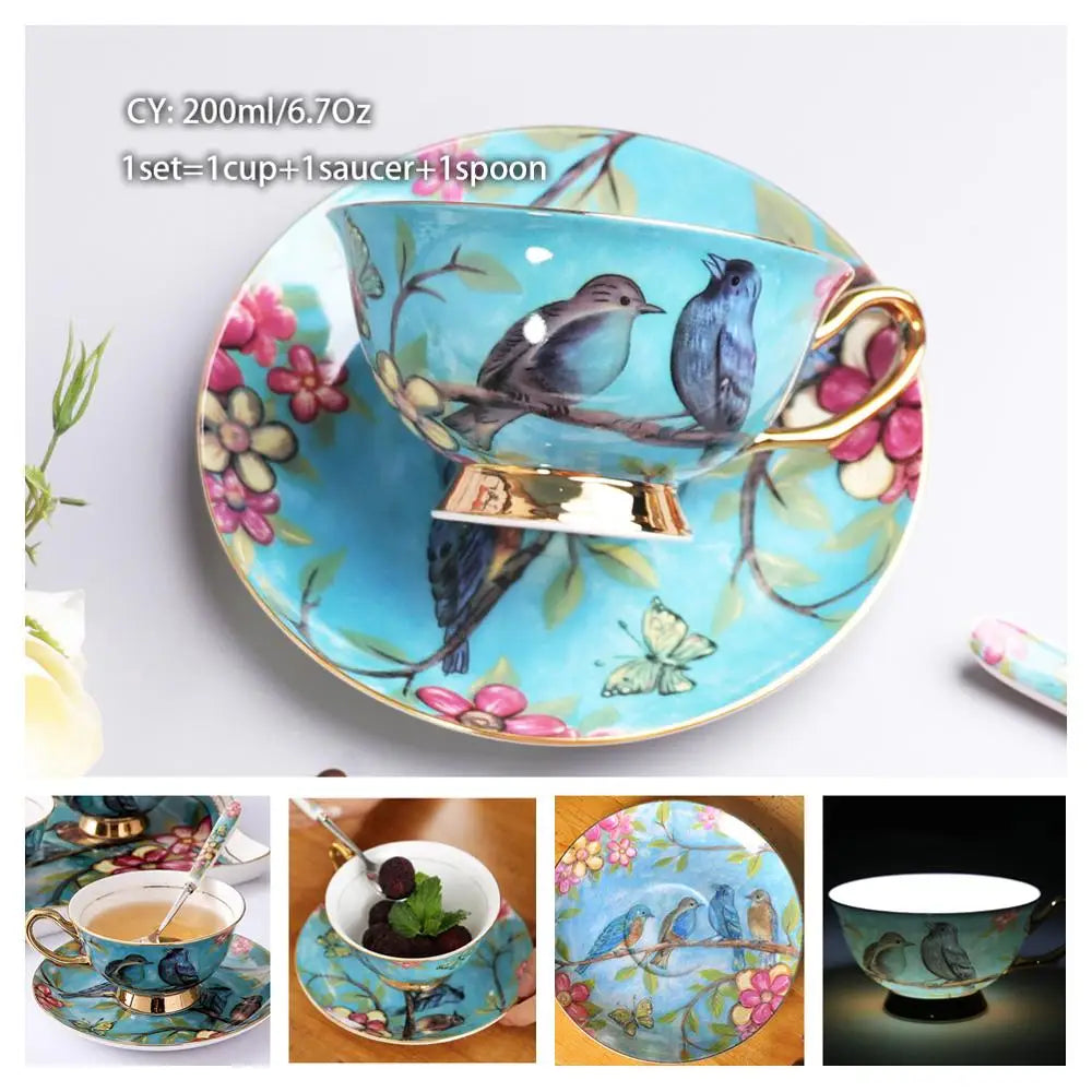 Europe Bone China Coffee Cup Saucer Spoon Set 200Ml Luxury Ceramic Mug Top-Grade Porcelain Tea Cup Cafe Teaware Party Drinkware